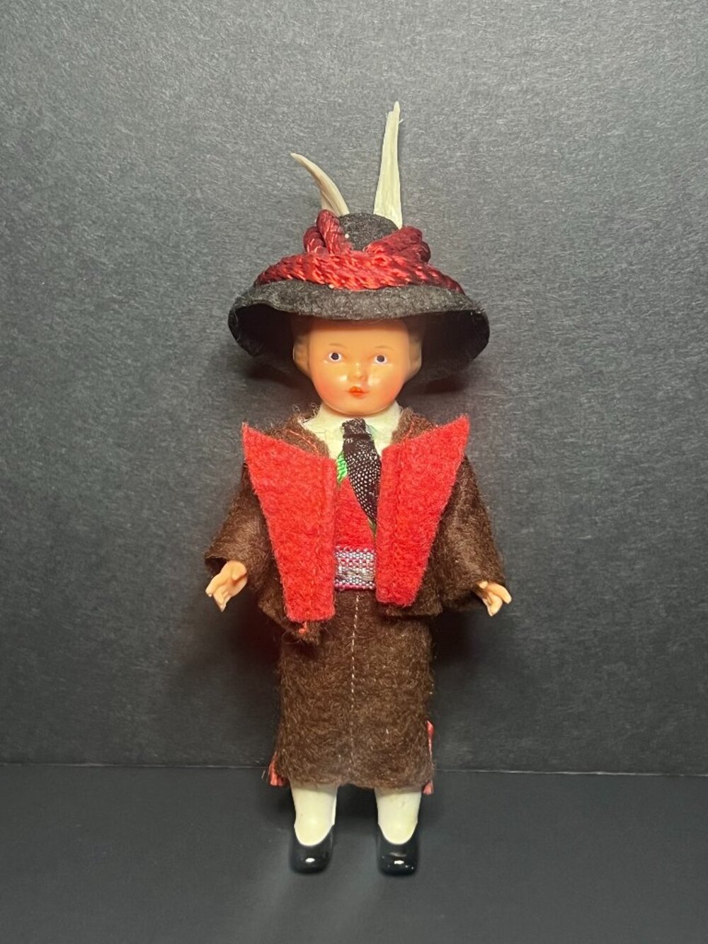 Vintage Traditional German Folk Art Plastic Boy Figurine w/ Feathered Hat 4"